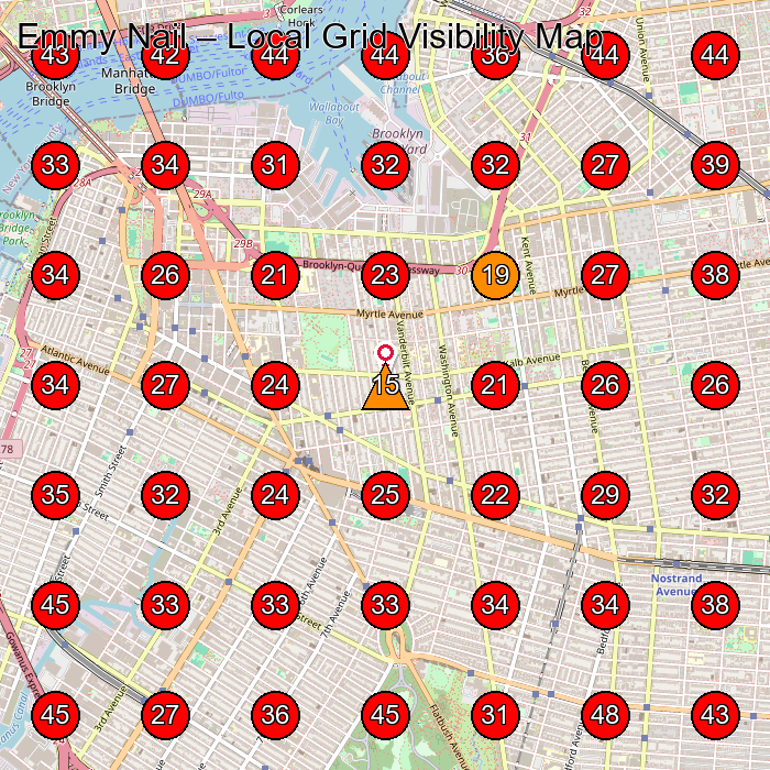 Emmy Nail GeoGrid visibility map for Nail Salon in Brooklyn